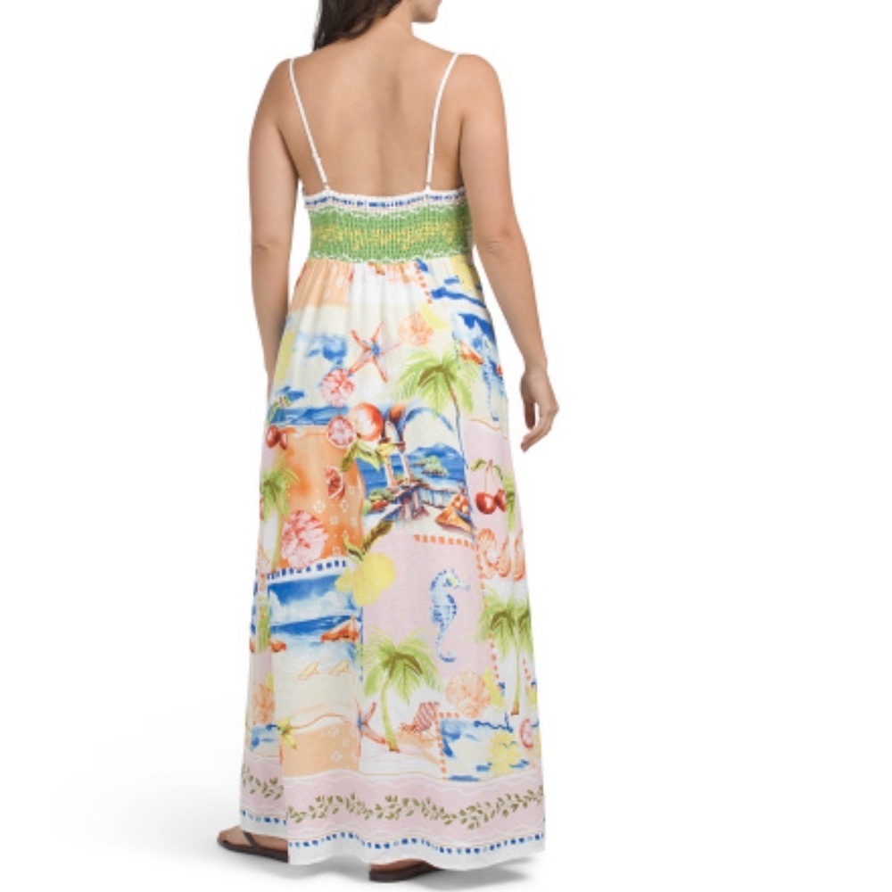 C&C California Linen Coast Print Smocked Back Pockets Maxi Dress Women’s Medium - Picture 2 of 12